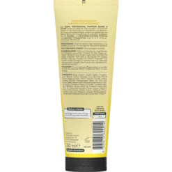 Back of ISANA Professional Blond & Shine Shampoo 250 ml showing ingredients and product information
