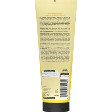 Back of ISANA Professional Blond & Shine Shampoo 250 ml showing ingredients and product information