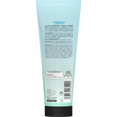 Back of ISANA Professional Deep Cleansing Shampoo 250 ml showing ingredients and product information