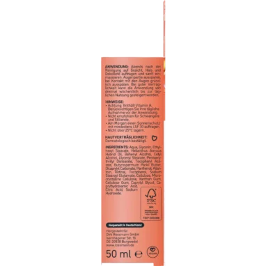 Back of ISANA Retinal Overnight Cream packaging showing ingredients and application instructions