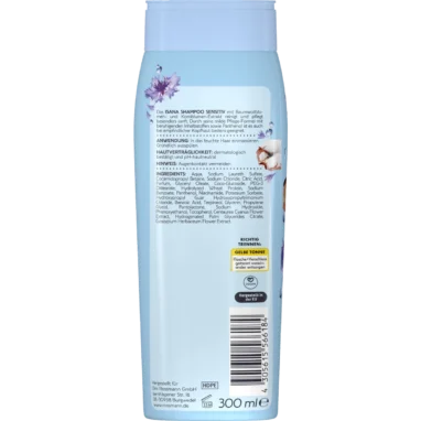 ISANA Sensitive Shampoo, 300 ml Back of ISANA Sensitive Shampoo 300 ml showing ingredients and product information
