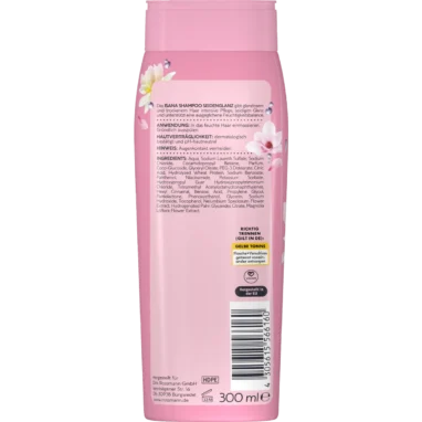 Back of ISANA Silky Shine Shampoo 300 ml showing ingredients and product information