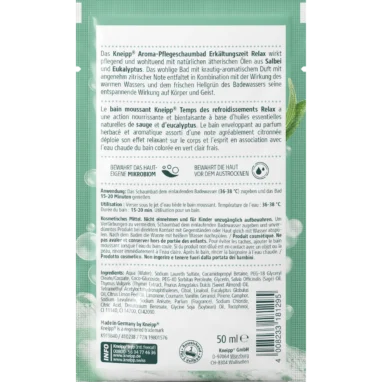 Kneipp Cold Season Relax Aroma Bubble Bath, 50 ml Back of Kneipp Cold Season Relax Bubble Bath 50 ml packaging showing ingredients and bath directions