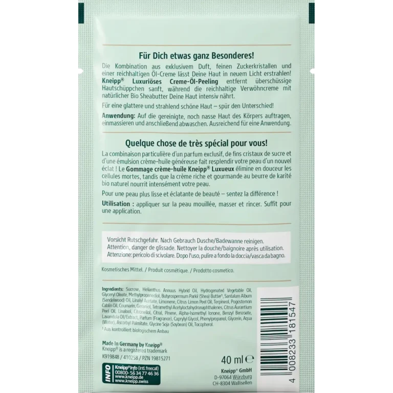 Kneipp Luxurious Cream Oil Body Scrub, 40 ml Kneipp Luxurious Cream Oil Body Scrub 40 ml back with ingredients and directions