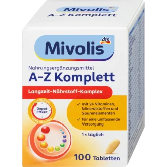 Mivolis A-Z Complete Multivitamin & Mineral, 100 Tablets Mivolis A-Z Complete multivitamin and mineral supplement with 24 essential nutrients, 100 tablets
