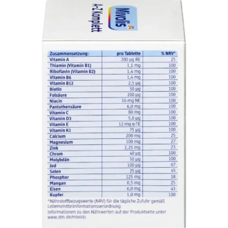 Back of Mivolis A-Z Complete 100 tablets with vitamins, minerals, ingredients and daily dosage information