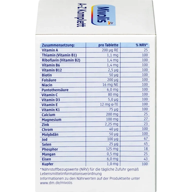 Back of Mivolis A-Z Complete 100 tablets with vitamins, minerals, ingredients and daily dosage information