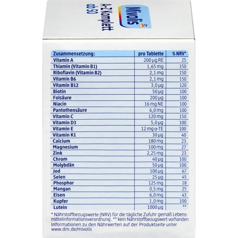 Back of Mivolis A-Z Complete Depot 50+ with ingredients, nutrients and dosage information