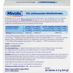 Mivolis D-Mannose Powder Sticks, 20 Sachets (40 g) Back of Mivolis D-Mannose Sticks packaging showing ingredients, nutritional information and directions for use
