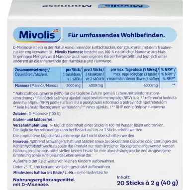 Mivolis D-Mannose Powder Sticks, 20 Sachets (40 g) Back of Mivolis D-Mannose Sticks packaging showing ingredients, nutritional information and directions for use