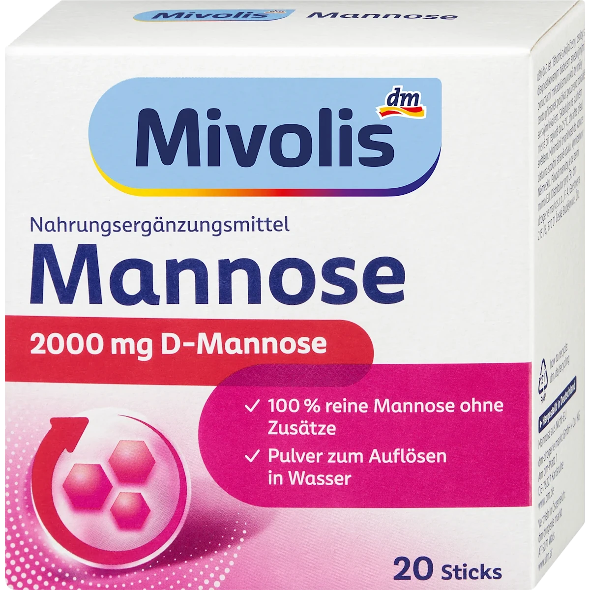 Mivolis D-Mannose Powder Sticks, 20 Sachets (40 g) Mivolis D-Mannose Sticks dietary supplement with 2,000 mg D-Mannose per sachet, 20 sticks, 40 g