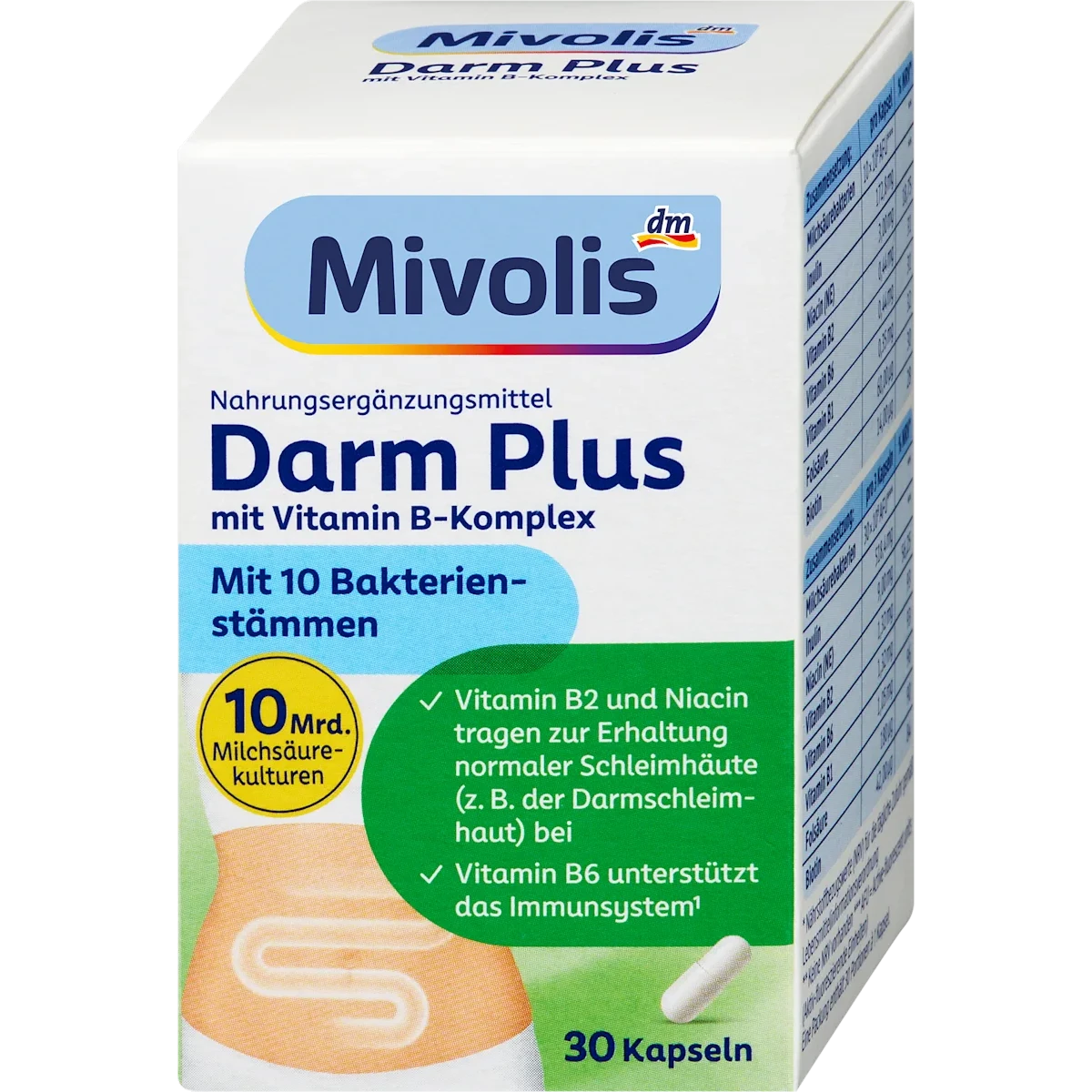 Mivolis Darm Plus Probiotic Capsules, 30 Count Mivolis Darm Plus Probiotic Capsules with 10 bacterial strains, inulin and B vitamins, 30 capsules