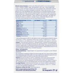 Mivolis Immun Complex, 32 Capsules Back of Mivolis Immun Complex packaging showing ingredients and vitamin and mineral amounts