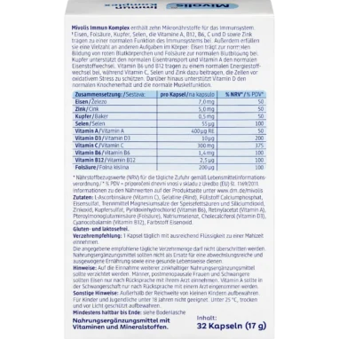 Mivolis Immun Complex, 32 Capsules Back of Mivolis Immun Complex packaging showing ingredients and vitamin and mineral amounts