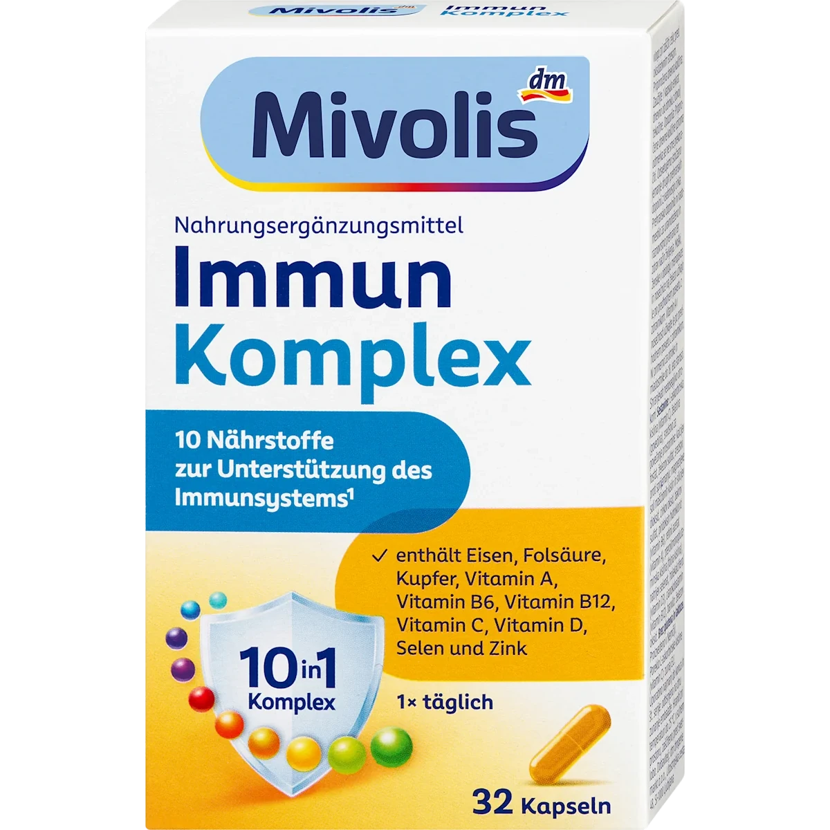 Mivolis Immun Complex, 32 Capsules Mivolis Immun Complex immune support supplement with 10 vitamins and minerals, 32 capsules