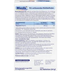 Back of Mivolis Magnesium 400 Tablets packaging showing ingredients, magnesium content and directions for use
