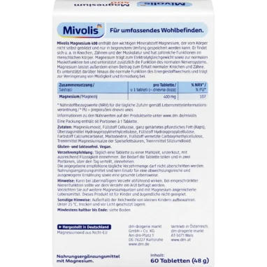 Back of Mivolis Magnesium 400 Tablets packaging showing ingredients, magnesium content and directions for use