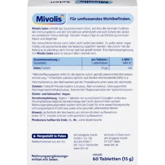 Back of Mivolis Selenium 60 tablets with ingredients, selenium amount and recommended daily use