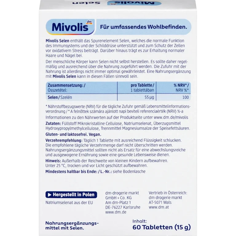 Back of Mivolis Selenium 60 tablets with ingredients, selenium amount and recommended daily use