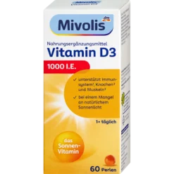 Mivolis Vitamin D3 1000 IU supplement packaging with 60 softgels for daily vitamin D intake