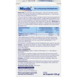 Mivolis Zinc + Vitamin C Depot, 60 Capsules Back of Mivolis Zinc + Vitamin C Depot packaging showing ingredients, nutrient amounts and directions