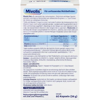 Mivolis Zinc + Vitamin C Depot, 60 Capsules Back of Mivolis Zinc + Vitamin C Depot packaging showing ingredients, nutrient amounts and directions