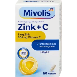 Mivolis Zinc + Vitamin C Depot front package with 300 mg vitamin C, zinc and 60 capsules