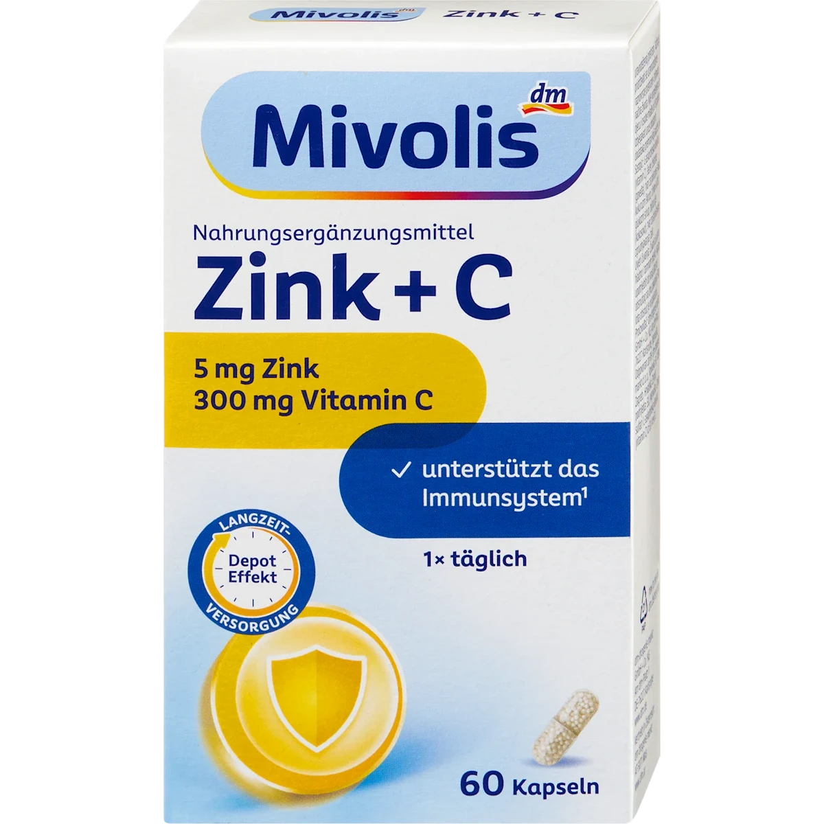 Mivolis Zinc + Vitamin C Depot, 60 Capsules Mivolis Zinc + Vitamin C Depot front package with 300 mg vitamin C, zinc and 60 capsules