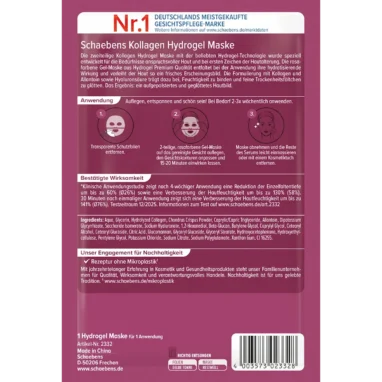 Schaebens Collagen Hydrogel Mask, 1 Mask Schaebens Collagen Hydrogel Mask packaging, back view