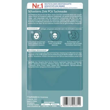 Schaebens Zinc PCA Sheet Mask, 1 Mask Schaebens Zinc PCA Sheet Mask packaging, back view