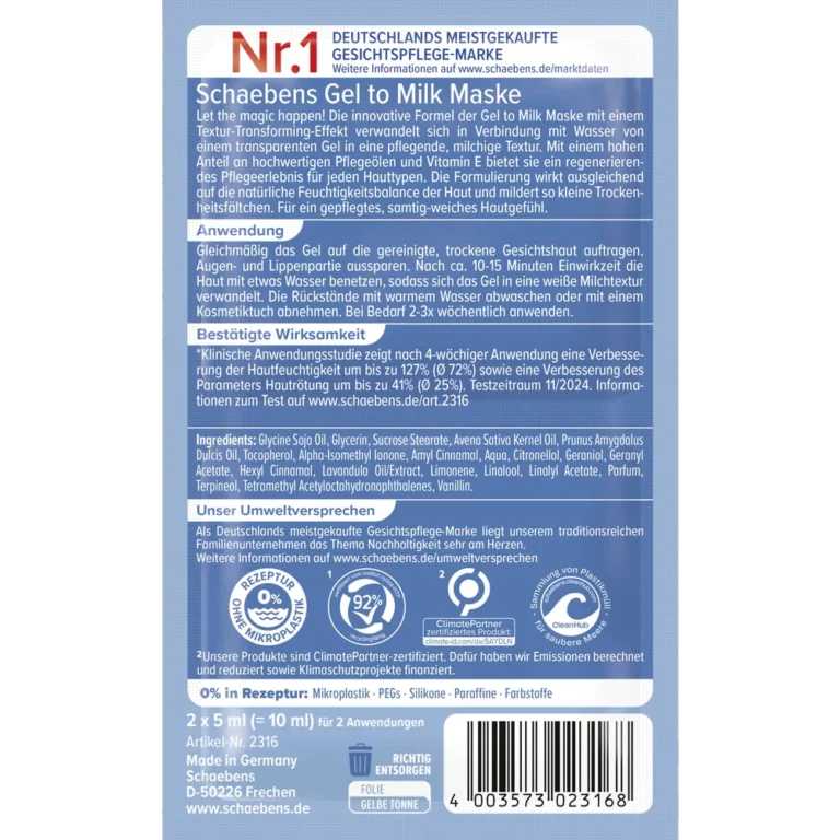 Schaebens Gel-to-Milk Mask back packaging with ingredients and directions